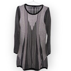 Prana Knit Dress Sz M Black Gray Striped Long Sleeve Casual Career Flare Classic